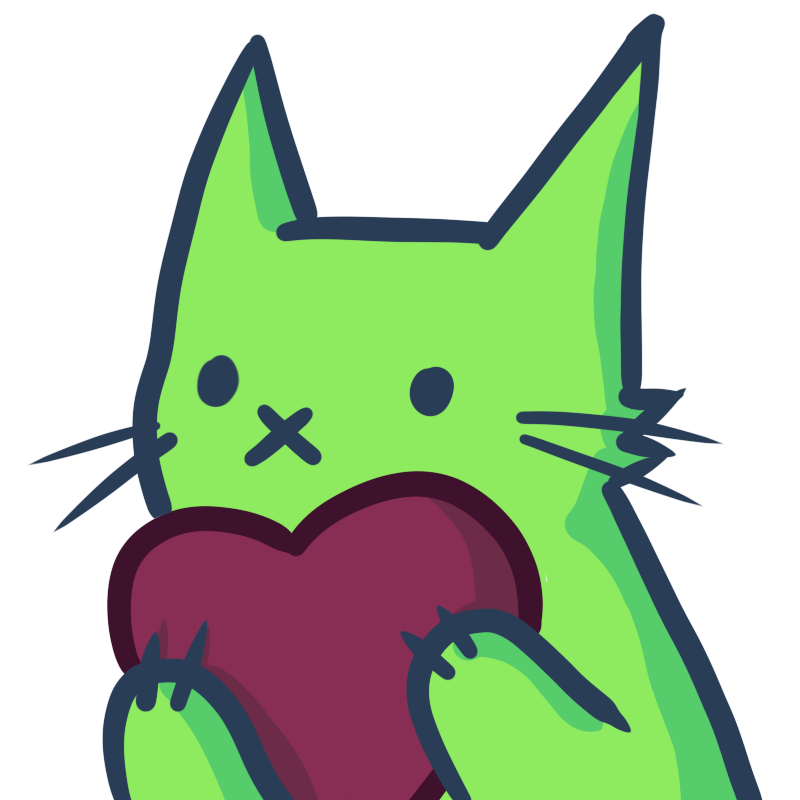 The a_green_cat mascot, holding a heart